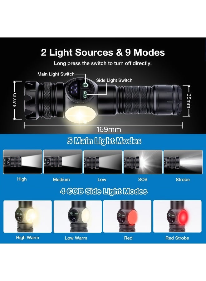 XiuWoo Camping Flashlight,Powerful Flash Light,High Lumen Waterproof Shockproof Flashlight,Zoomable 10W,XHP70,Telescopic Zoom,2 Light Sources & 9 Modes,LED Camping Accessory,Rechargeable Battery for Up to 4-Hour Usage,Magnetic Base with COB Side Light for Multiple Uses,IP67 Waterproof for Camping/Home - Image 2
